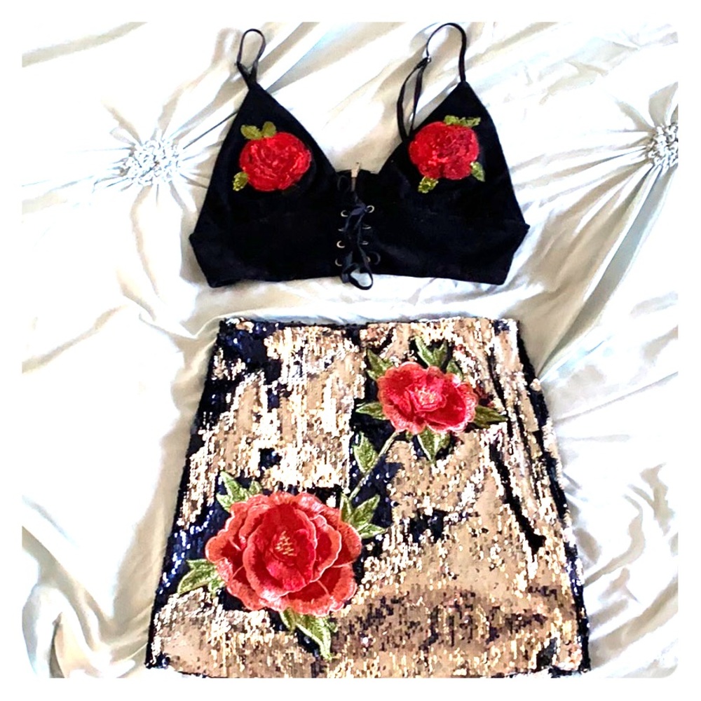 Sequin Rose Patch Skirt w/ Matching Bralette